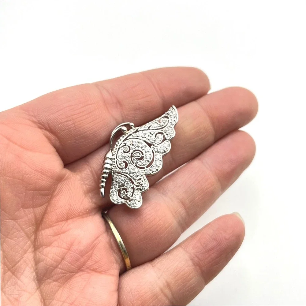925 Sterling Silver Cubic Zirconia Butterfly Wing Brooch Pin Filigree Scroll